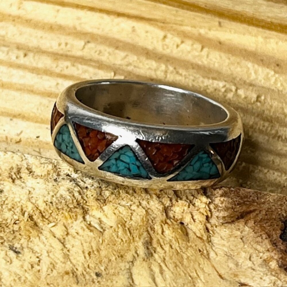 Vintage Sterling Silver Inlaid Turquoise Coral Navajo Wedding Band Ring Size 7